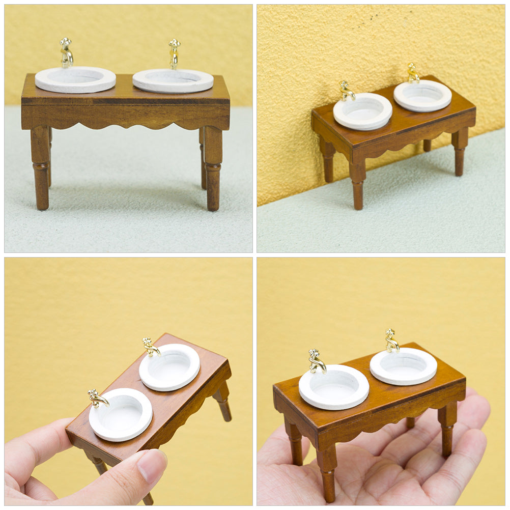 Walnut Color Double Basin Wash Sink Dollhouse Miniature Furniture N3815