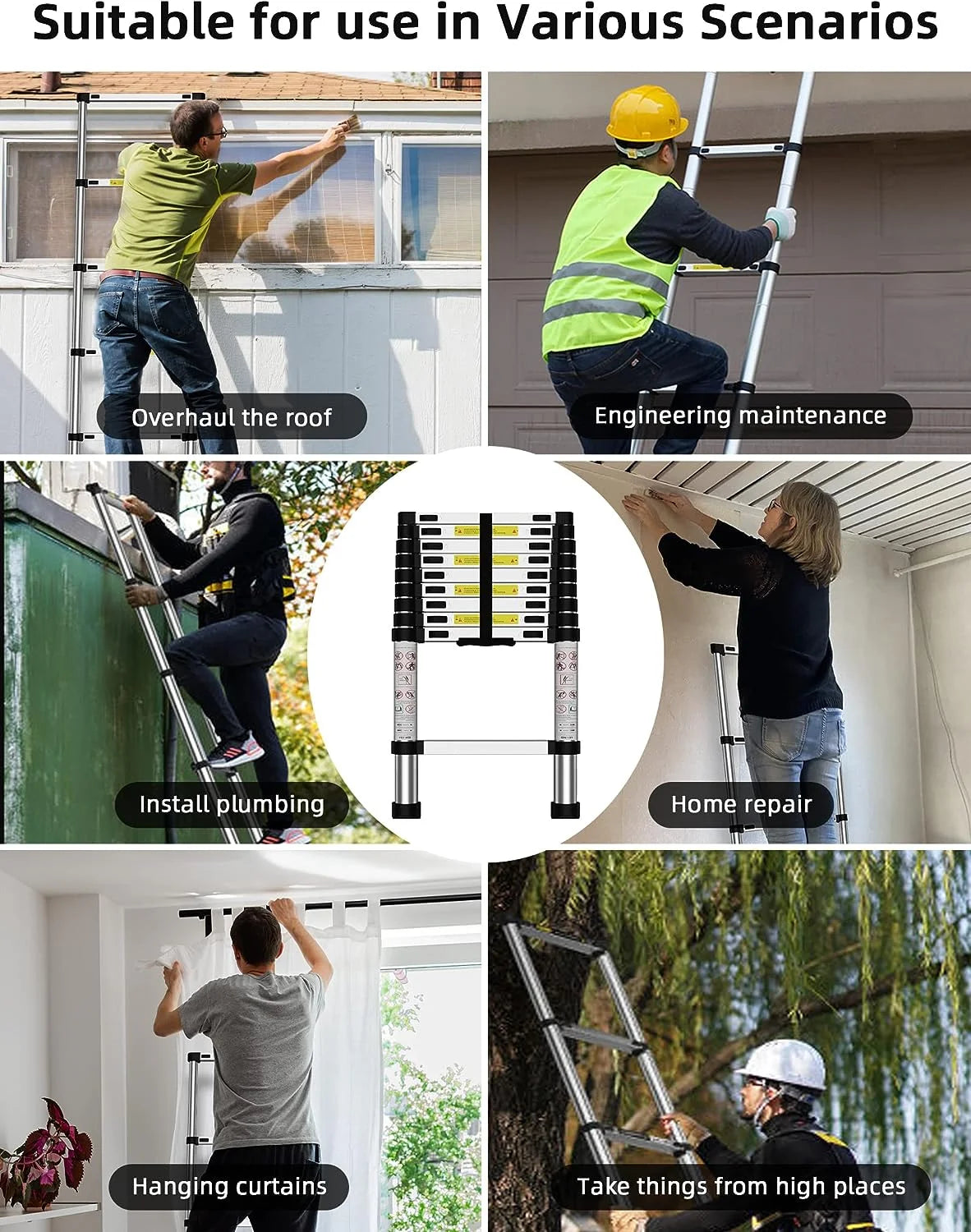 Telescoping Ladder, 12.5 FT Aluminum, 330 lbs Load Capacity K288609