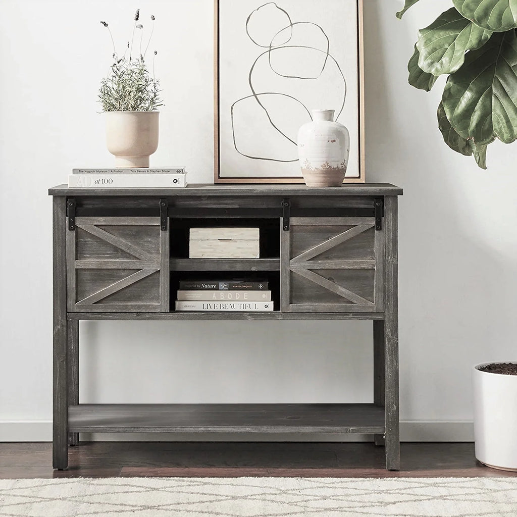 Antique Farmhouse Console Table with Sliding Barn Doors and Bottom Storage Shelf, Gray H5497