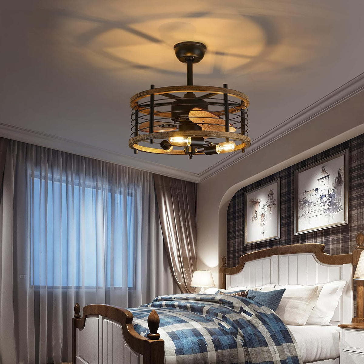 20-inch Caged Ceiling Fan with Lights, Reversible, Remote, Bladeless F5545