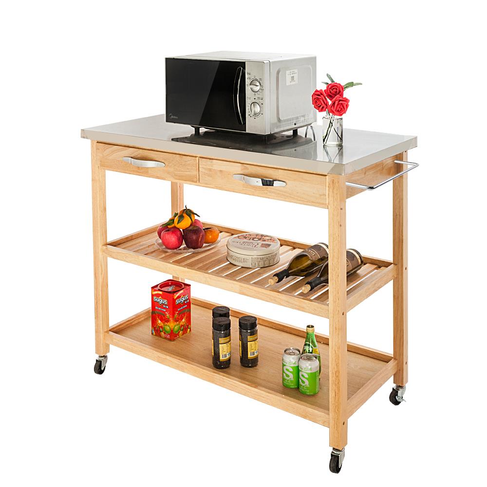 Rolling Kitchen Island Storage Serving Cart with Stainless Steel Countertop, 2 Drawers, 2 Shelves, Lockable Wheels W894