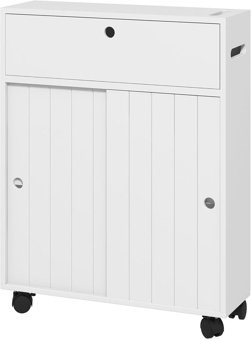 White Slim Bathroom Cabinet with 4 Rolling Wheels and Sliding Doors M49970
