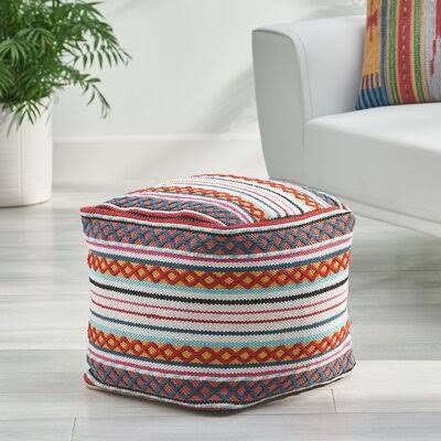 Striped Pouf Ottoman Fabric: White/Yellow/Multi Red 100% Cotton O8794