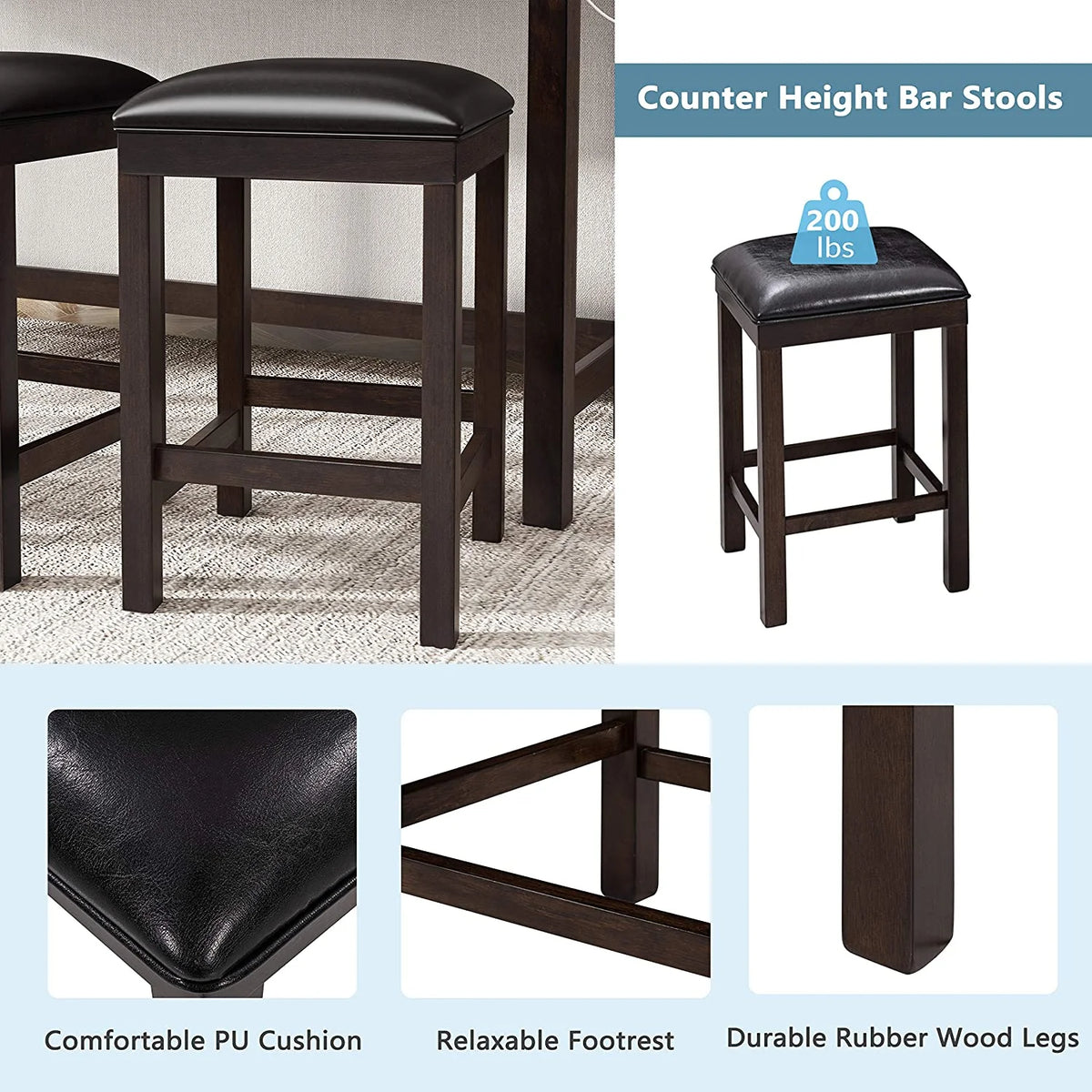 4-Piece Counter Height Dining Table Set with 3 PU Leather Padded Stools T72159