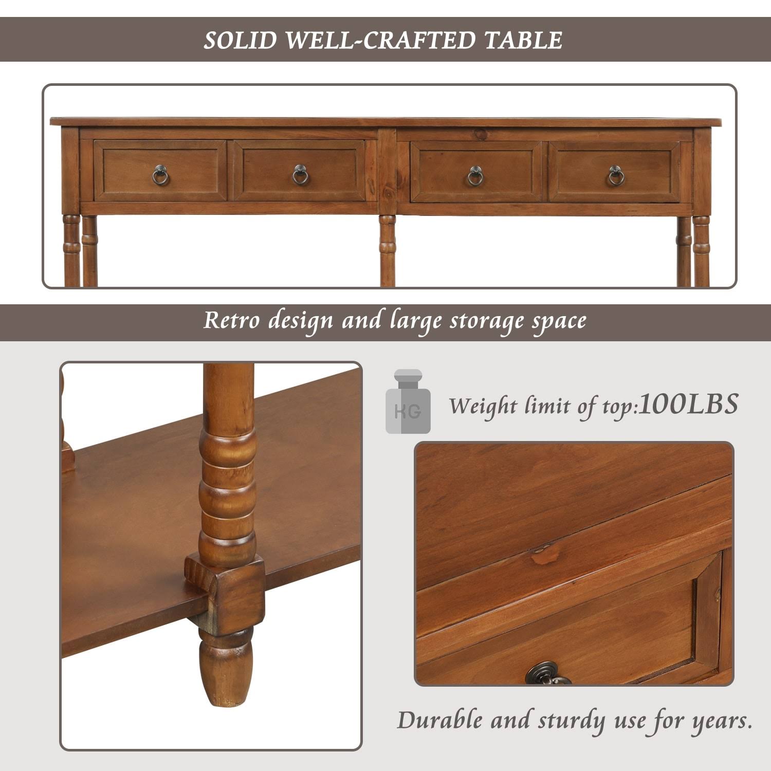 Walnut Rectangular Console Table with Drawers and Long Shelf C435787