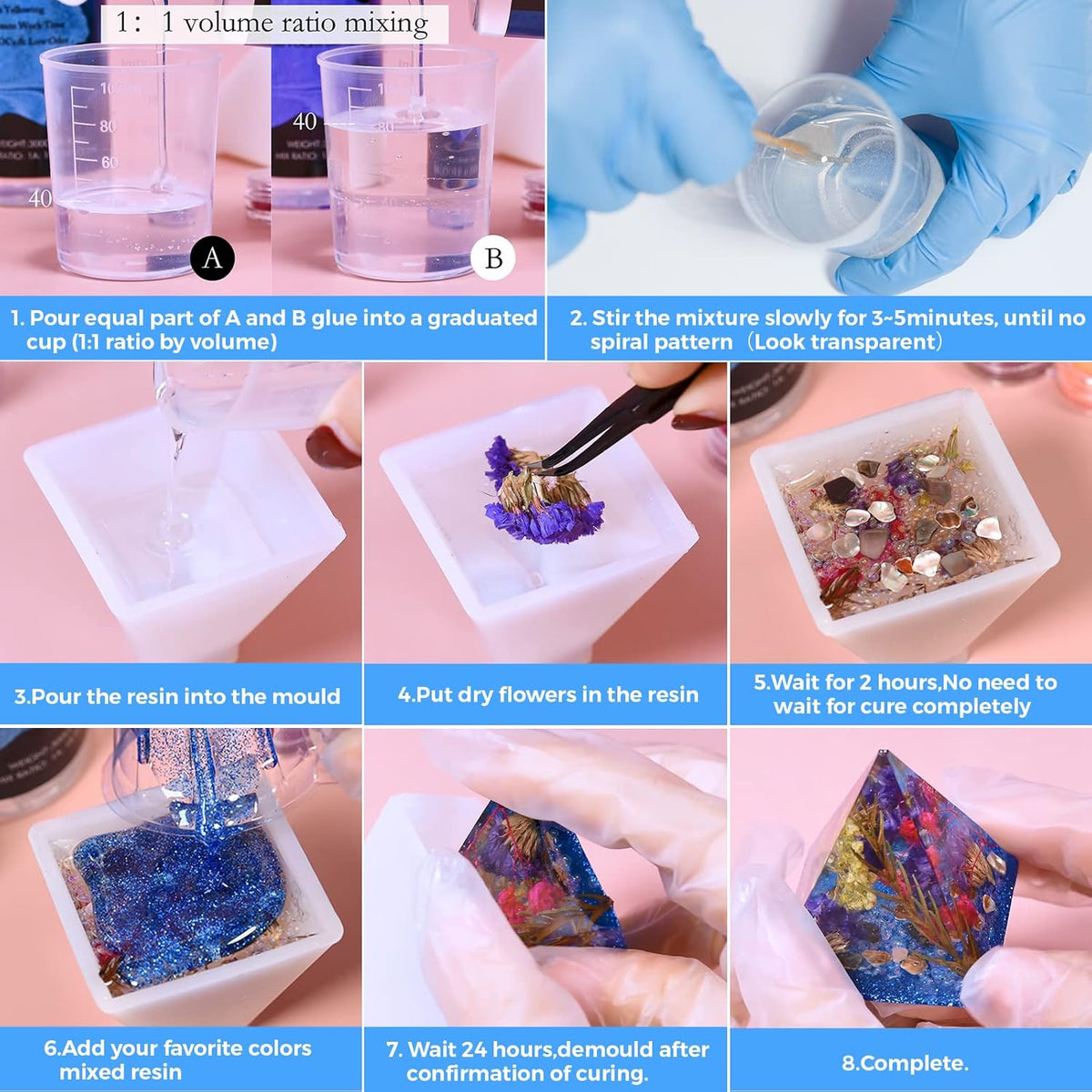 600ml Epoxy Resin Kit with Molds, Dried Flower, Gloves, Measuring Cup, Wooden Sticks U27726