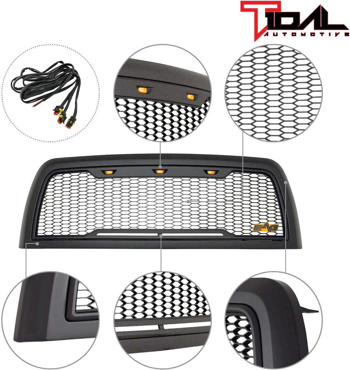 Matte Black ABS Upper Grille Front Hood Grill with Amber LED Lights T648691