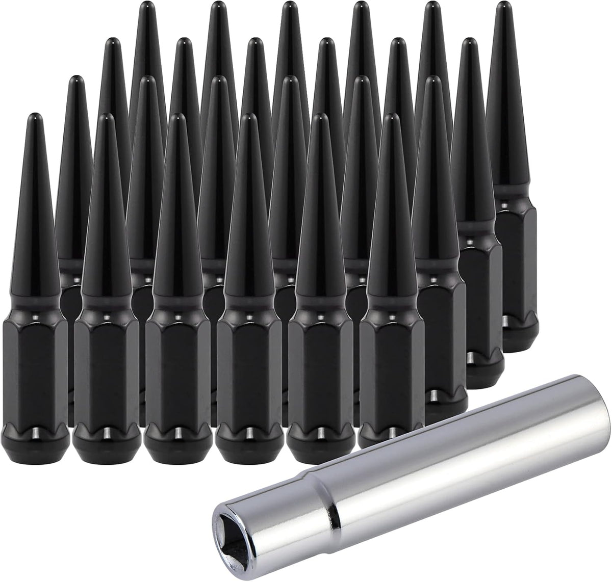 M14x1.5 Spike Lug Nuts with Cone Seat, 3/4" 19mm Hex, Chrome, Set of 24 R445933