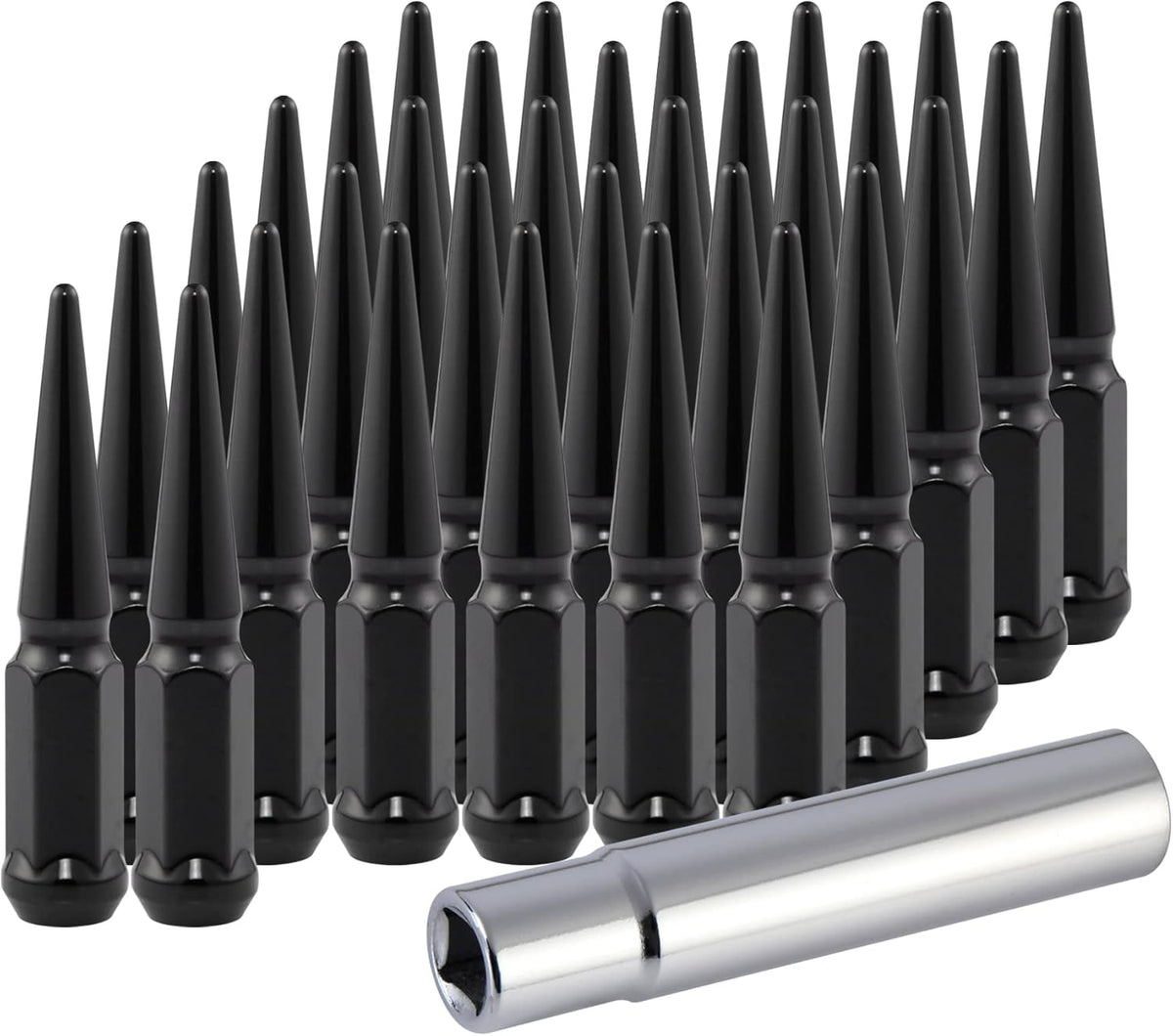M14x1.5 Spike Lug Nuts with Cone Seat, 3/4" 19mm Hex, Chrome, Set of 24 R445933