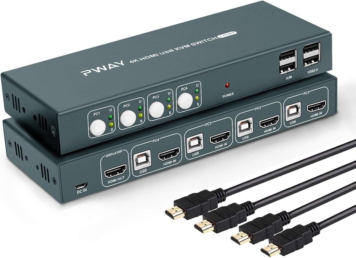 4x1 HDMI KVM Switch 4 Port Ultra HD 4K@30Hz USB 2.0 with 4 HDMI and USB Cables Y84083