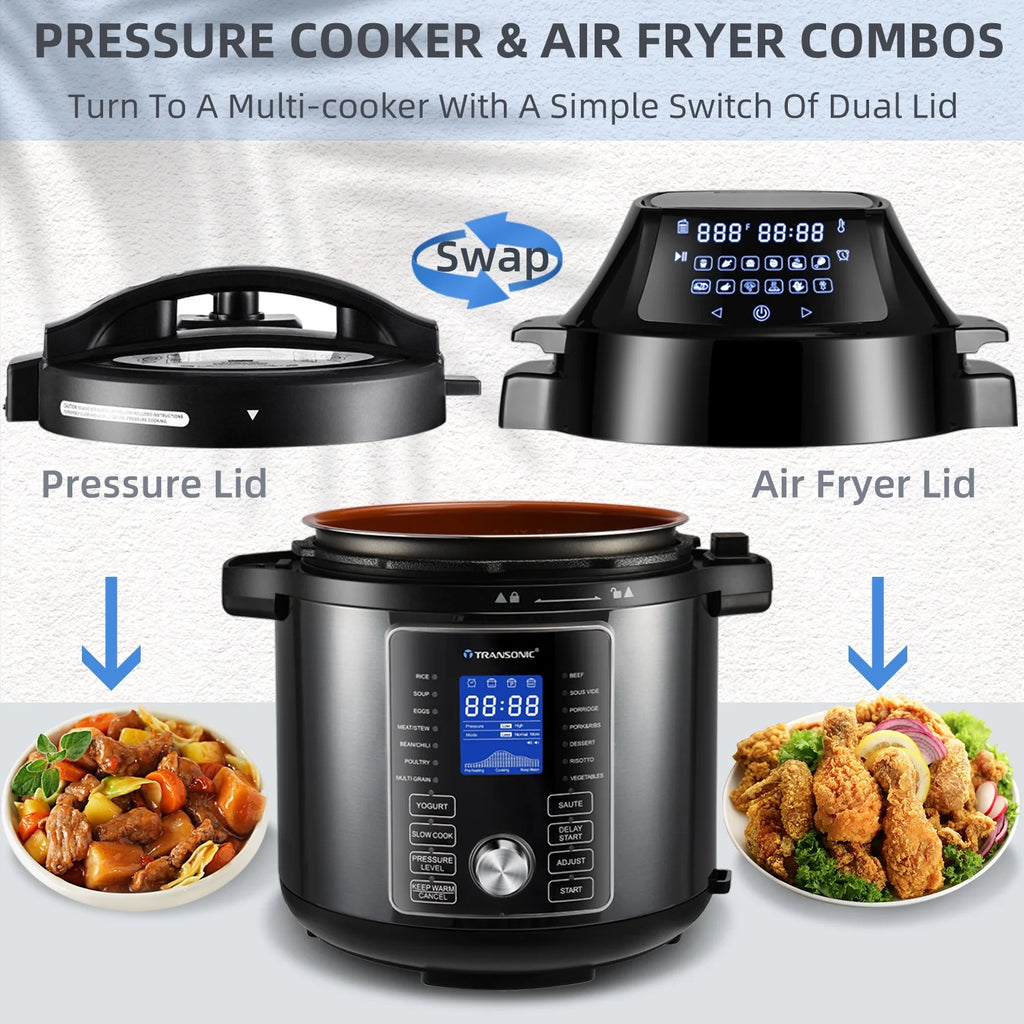 6 Quart Pressure Cooker and Air Fryer Combo with 2 Detachable Lids T190