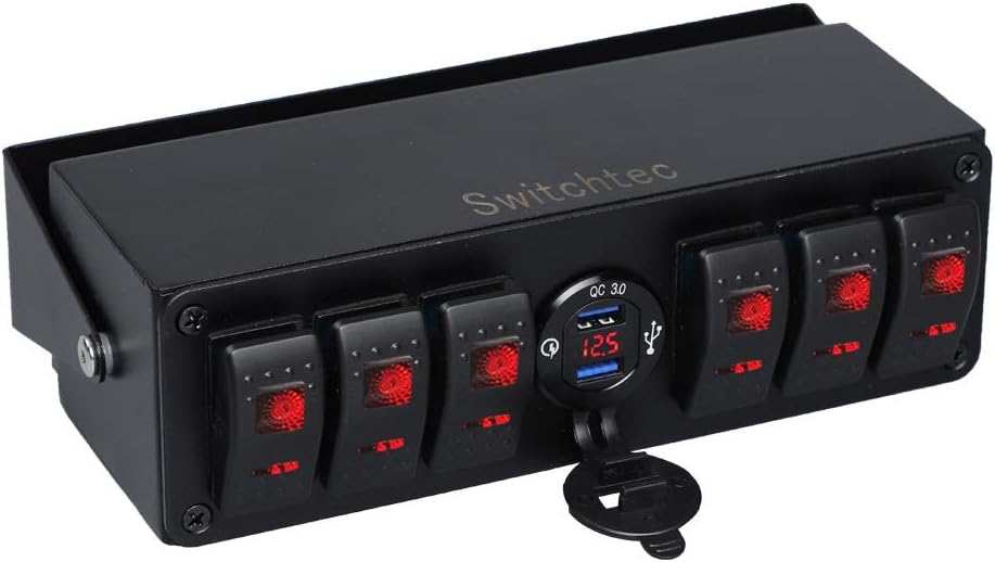RED 6 Gang Rocker Toggle Switch Panel with USB Charger & Voltmeter, Pack of 2 S80987