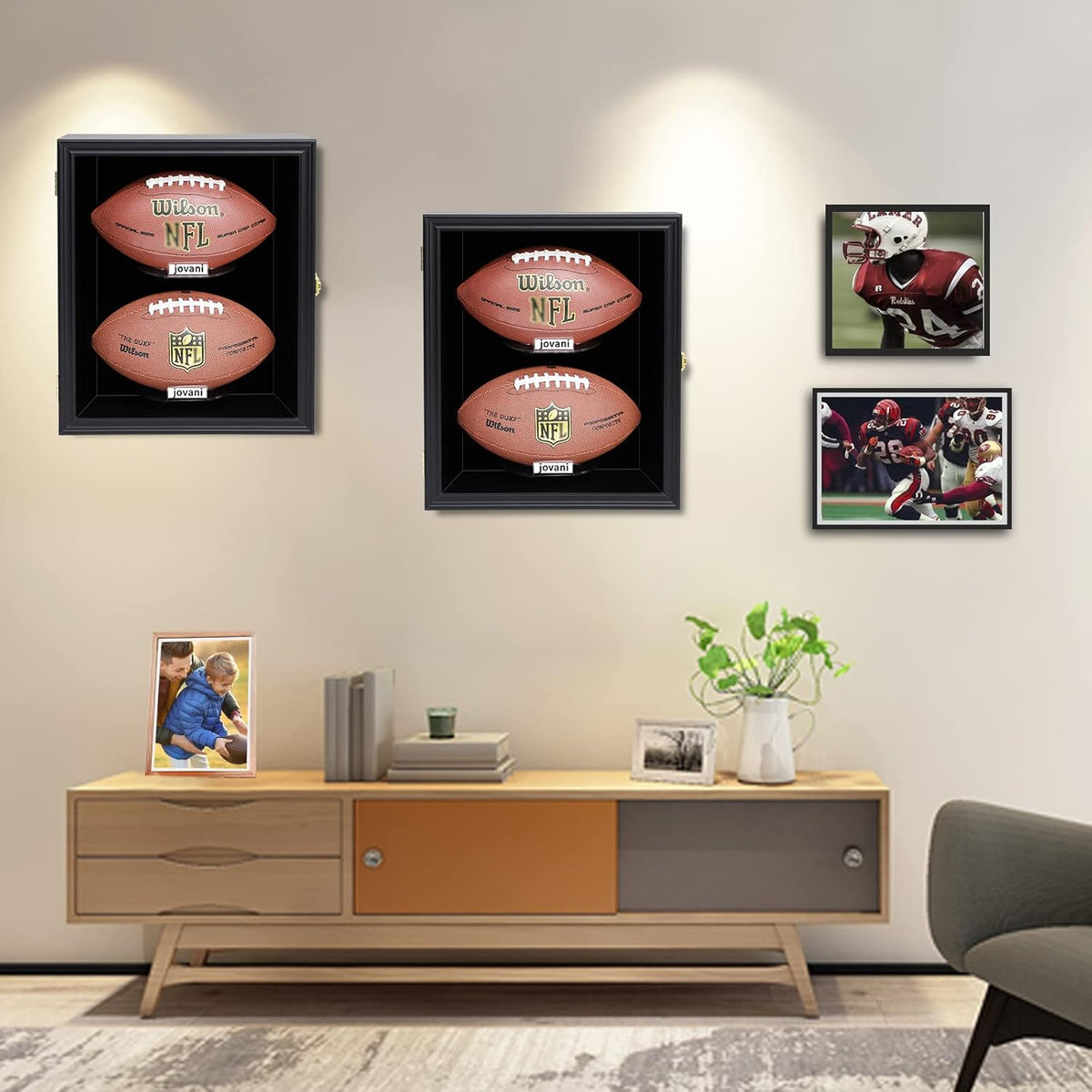 2 Football Display Case Wall Mount Lockable Wood with UV Acrylic Door O54593