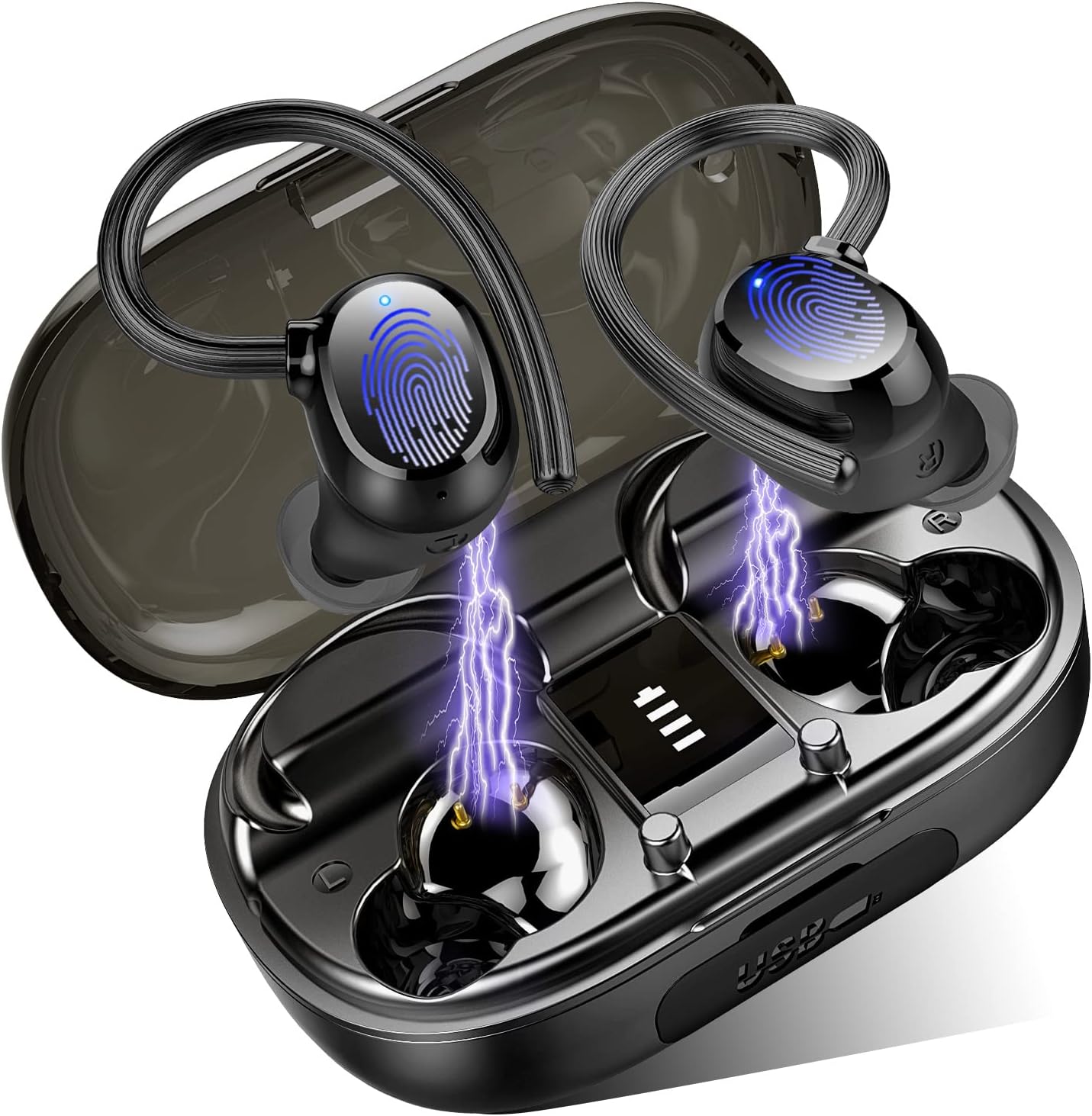 Wireless Earbud Bluetooth 5.1 Headphones in Ear Noise Cancelling with Mic IP7 Waterproof Earhooks LCD Display Pack of 2 Z598