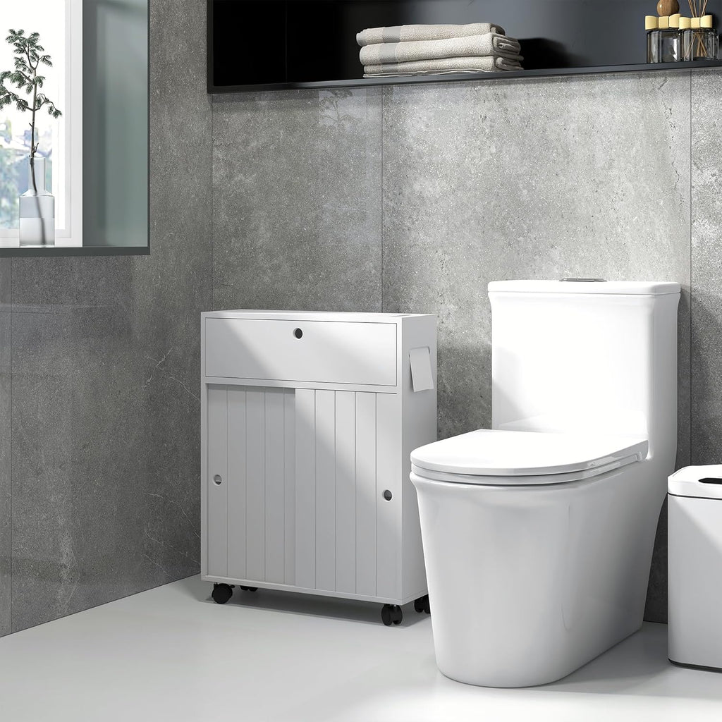 White Slim Bathroom Cabinet with 4 Rolling Wheels and Sliding Doors M49970