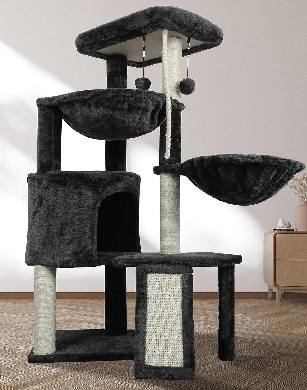 Darkgray Cat Tree with Cat Condo and Two Hammocks W428