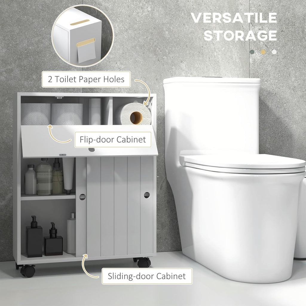 White Slim Bathroom Cabinet with 4 Rolling Wheels and Sliding Doors M49970