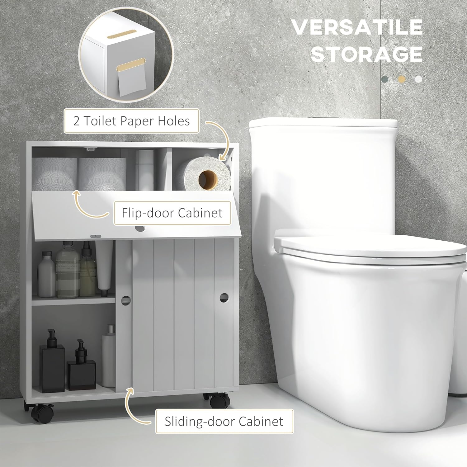 White Slim Bathroom Cabinet with 4 Rolling Wheels and Sliding Doors M49970
