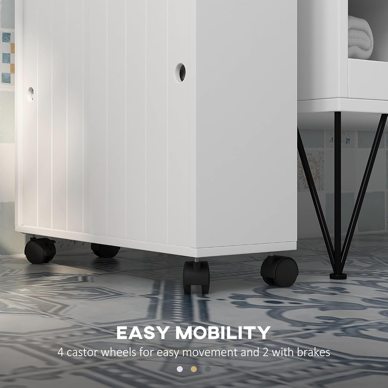 White Slim Bathroom Cabinet with 4 Rolling Wheels and Sliding Doors M49970