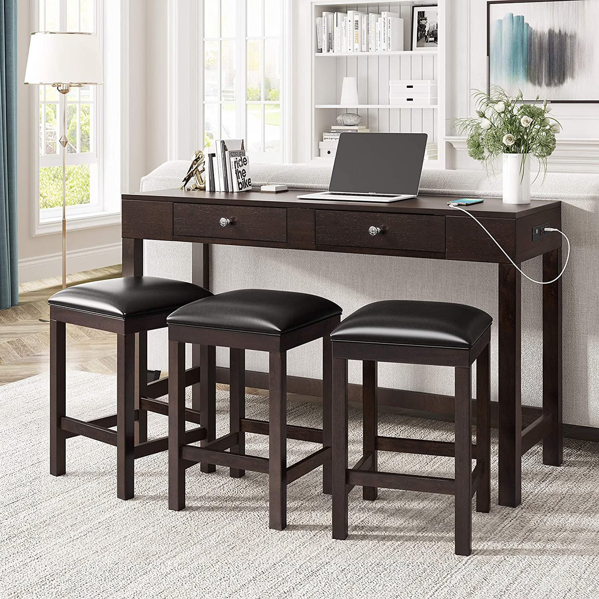 4-Piece Counter Height Dining Table Set with 3 PU Leather Padded Stools T72159