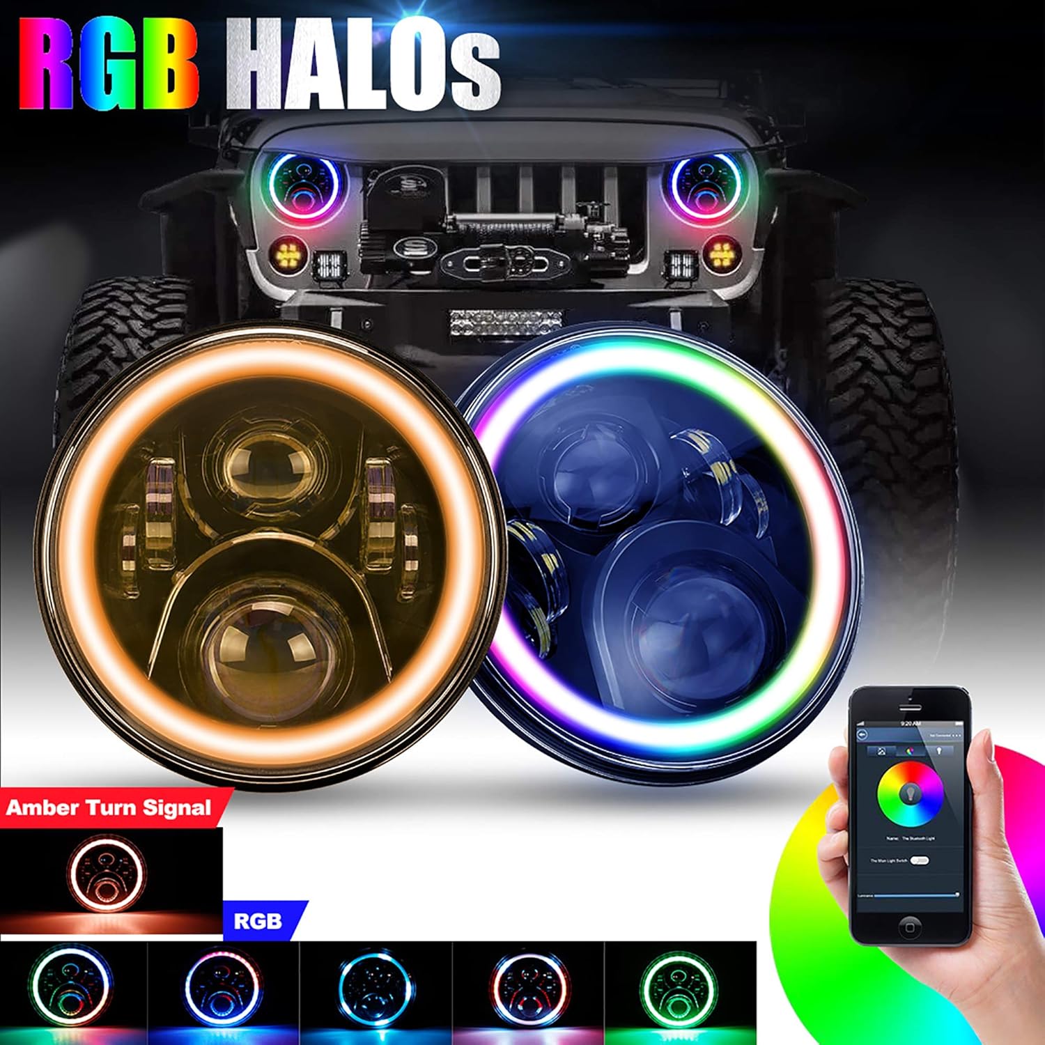 7" Round RGB LED Headlights with Amber Turn Signal Light Z741