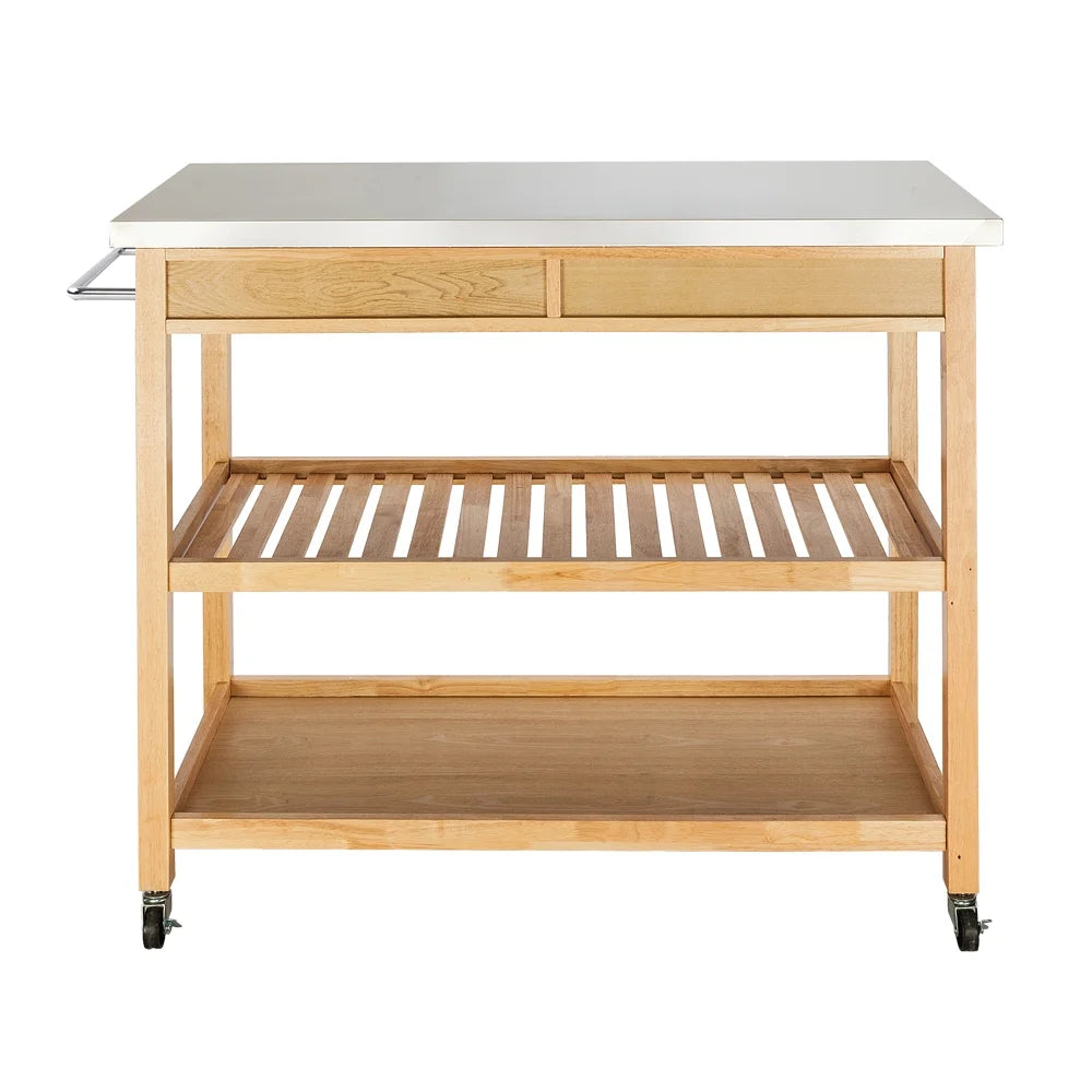 Rolling Kitchen Island Storage Serving Cart with Stainless Steel Countertop, 2 Drawers, 2 Shelves, Lockable Wheels W894