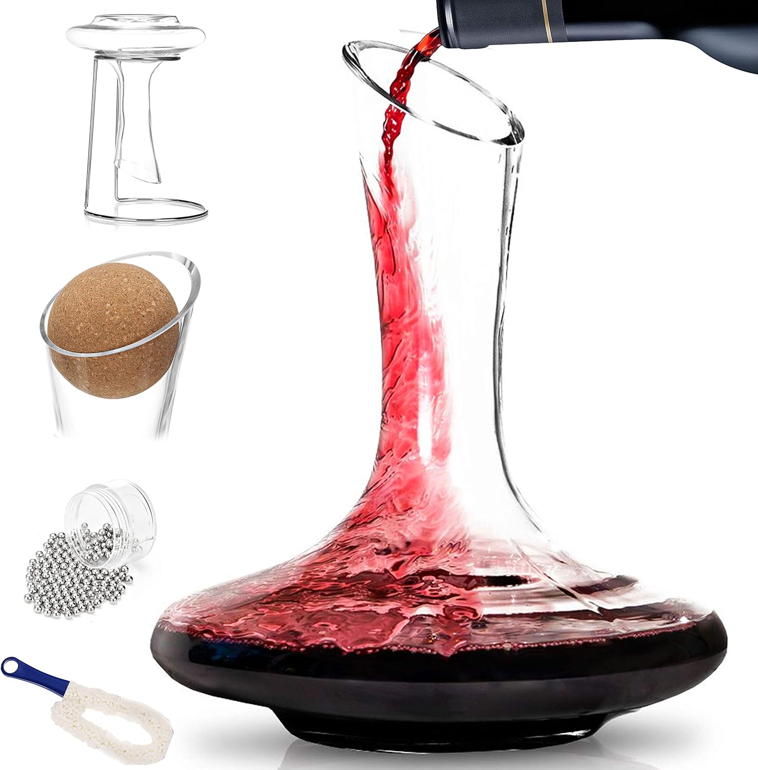 XL Hand Blown Crystal Glass Wine Decanter with Drying Stand, Stopper, Brush and Beads, Pack of 2 V49049