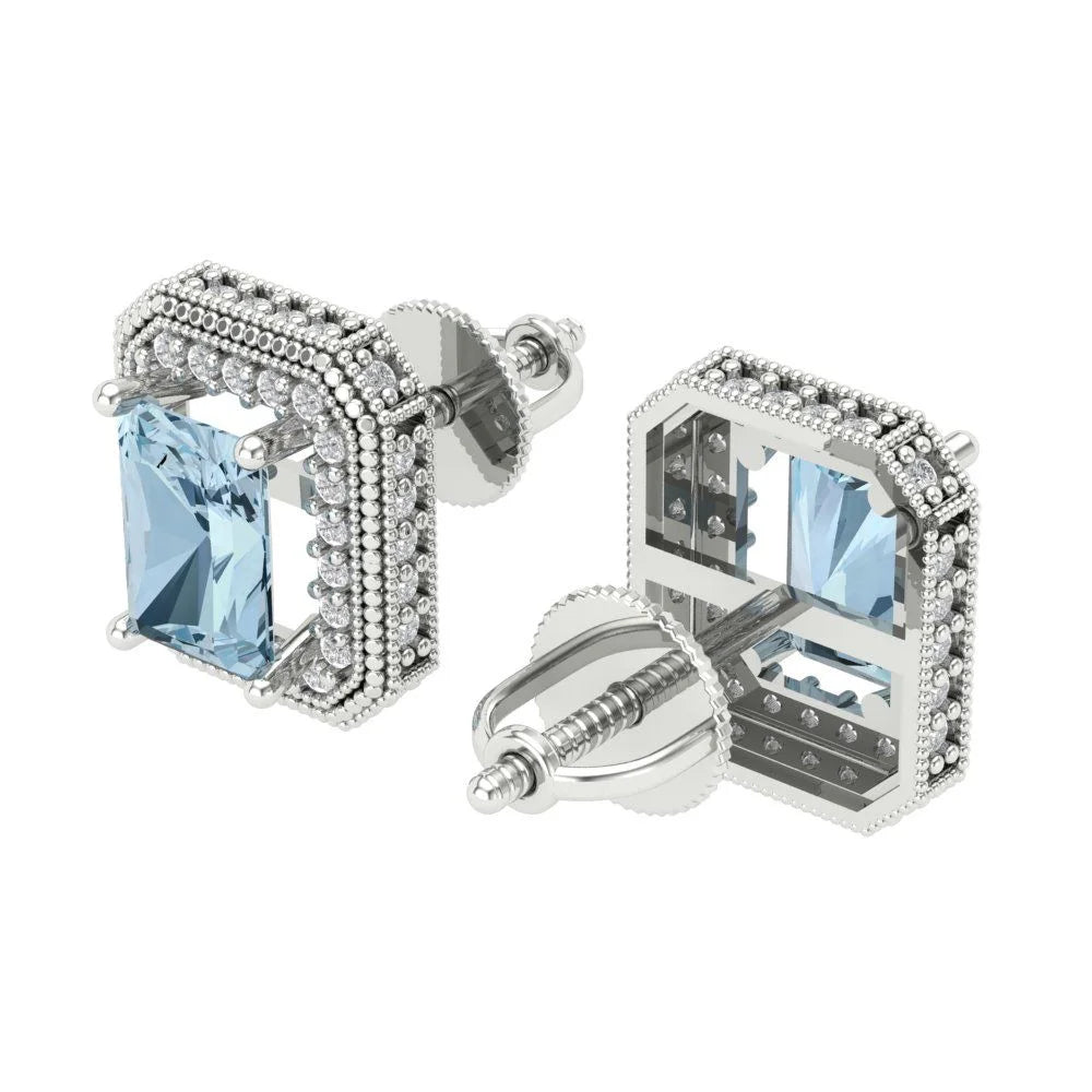 18K White Gold Emerald Cut Halo Stud Earrings A386