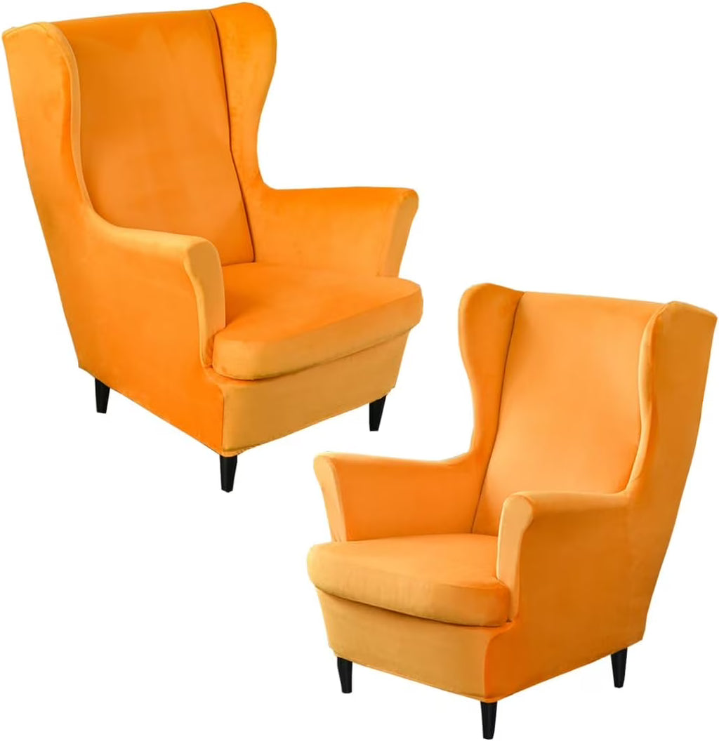 Orange Velvet Stretch Wingback Chair Sofa Slipcover with Elastic Bottom Y2261