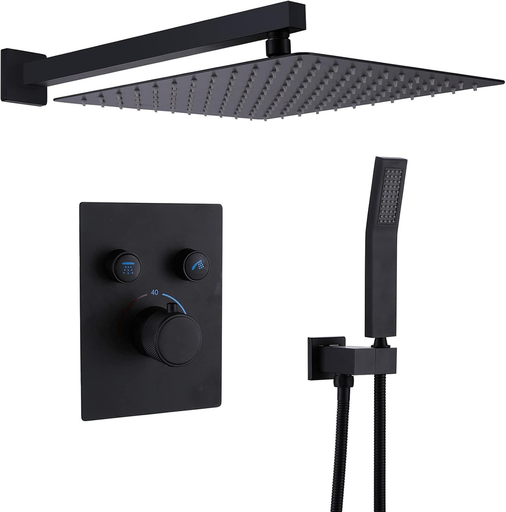 Matte Black 12 Inches Thermostatic Rain Shower Head Kit with Handheld Spray P9201