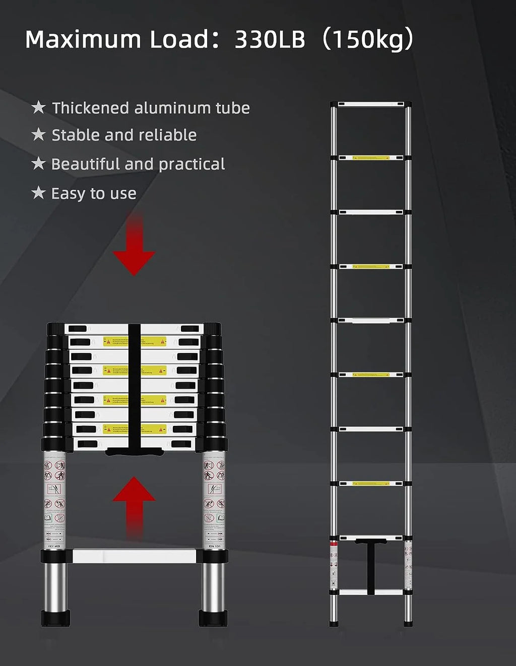 Telescoping Ladder, 12.5 FT Aluminum, 330 lbs Load Capacity K288609