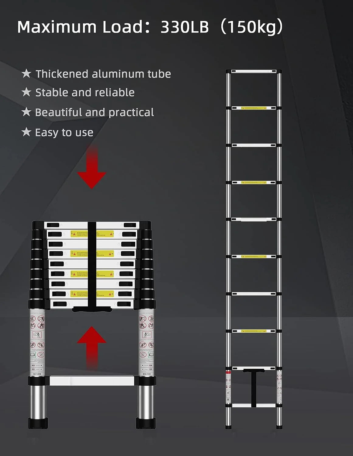 Telescoping Ladder, 12.5 FT Aluminum, 330 lbs Load Capacity K288609
