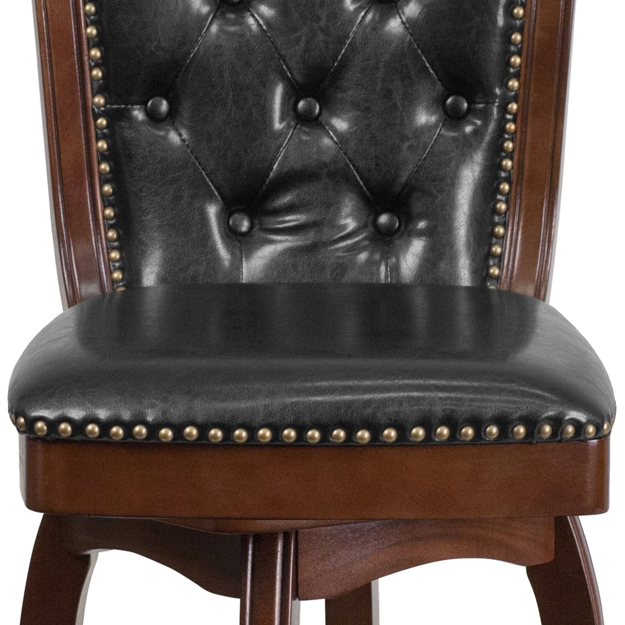 26 Inch Cappuccino Wood Counter Height Stool with Black Leather Swivel Seat O8760
