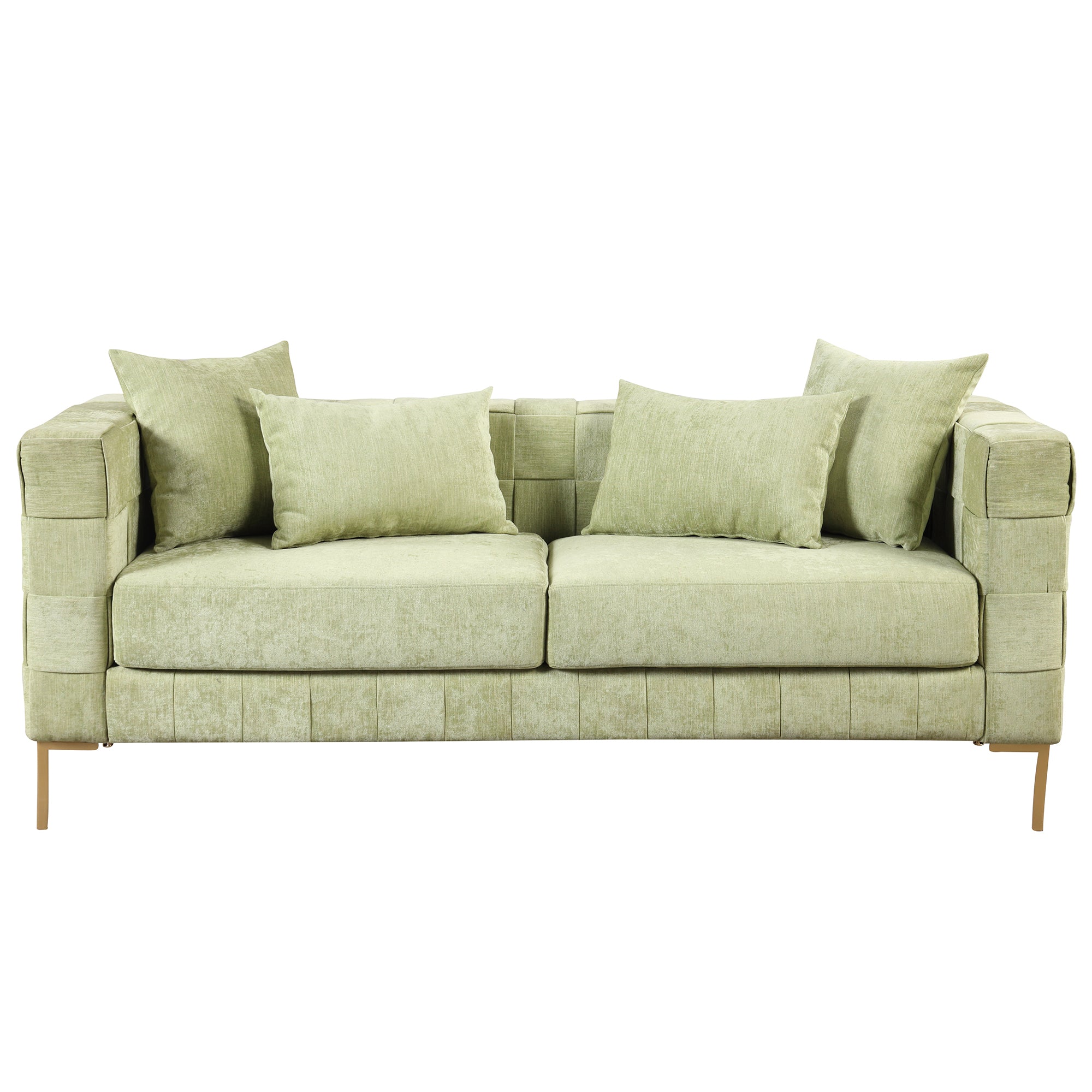 Medium Spring Bud Green Upholstered Sofa with 4 Pillows and Golden Metal Legs J7900