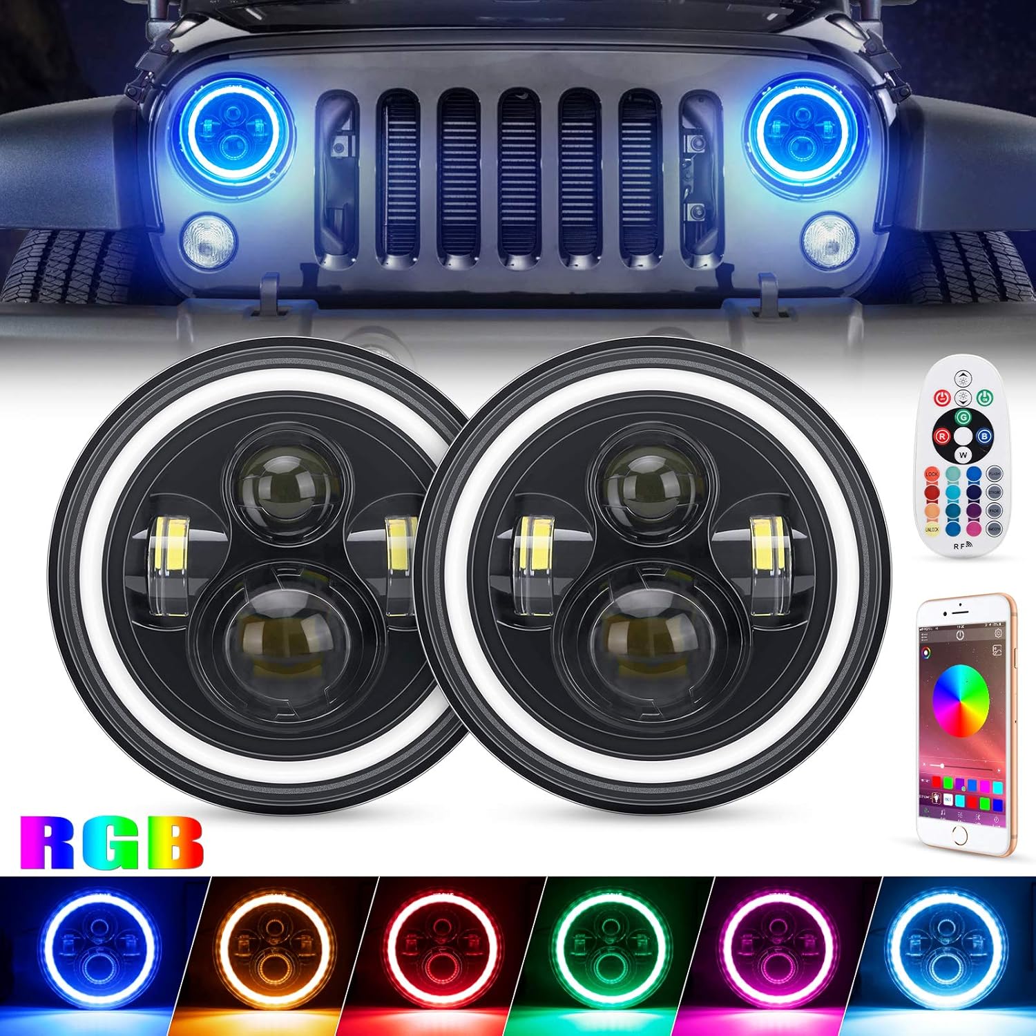 7" Round RGB LED Headlights with Amber Turn Signal Light Z741