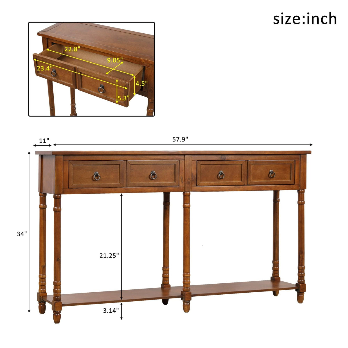 Walnut Rectangular Console Table with Drawers and Long Shelf C435787