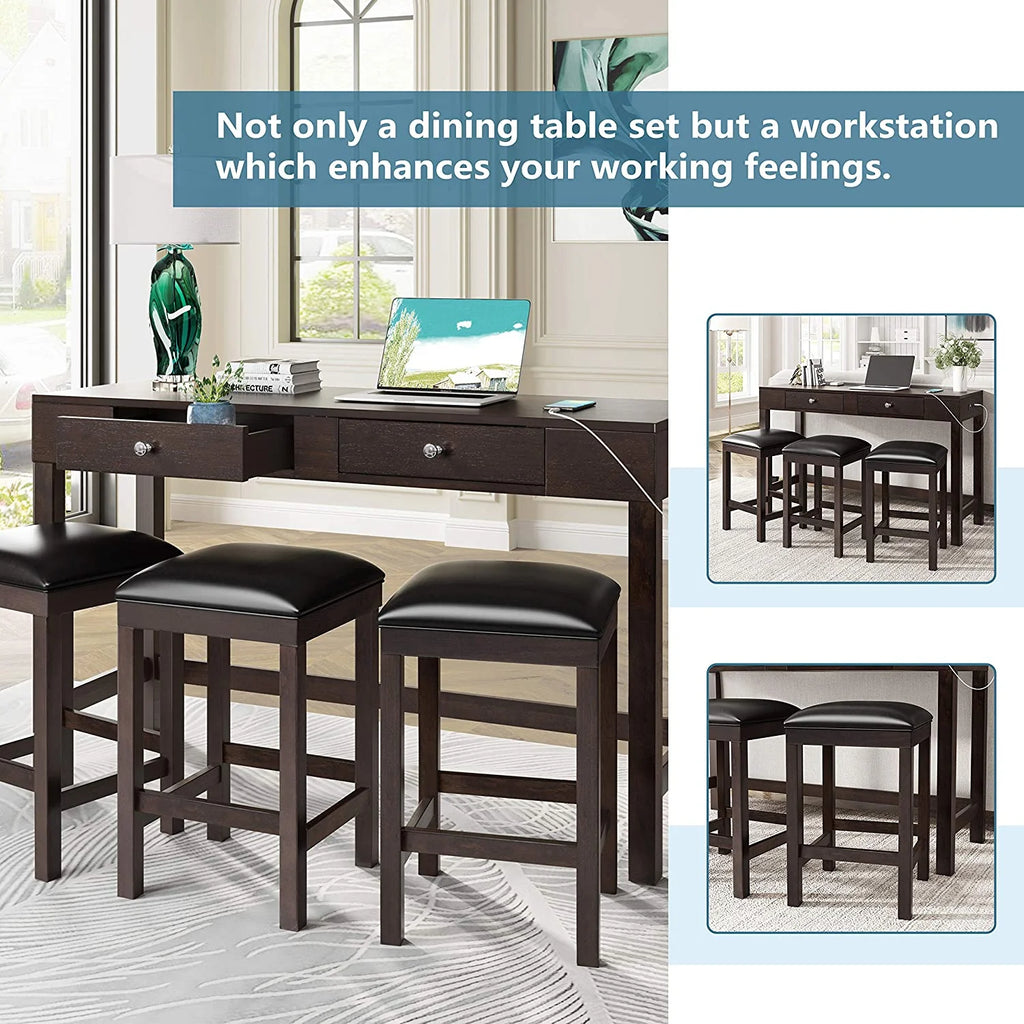 4-Piece Counter Height Dining Table Set with 3 PU Leather Padded Stools T72159