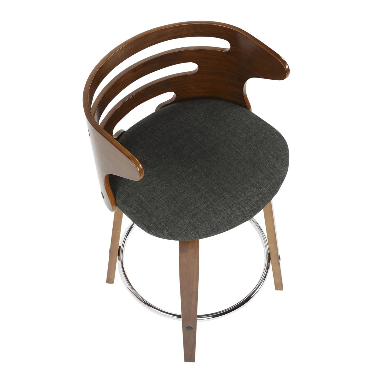 Mid-Century Modern Counter Stool With Swivel In Walnut And Charcoal Fabric - Set Of 2 T57983