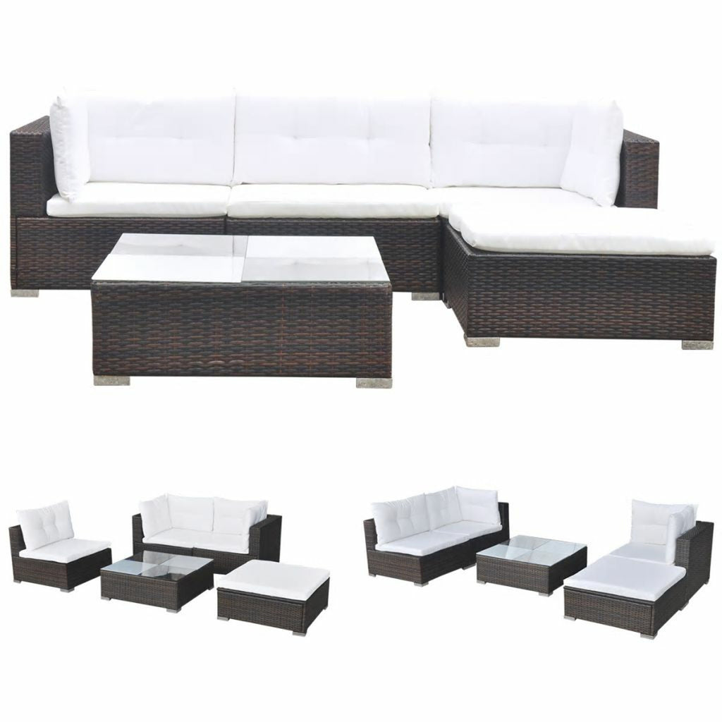 5 Piece Outdoor Sectional Sofa Lounge with Coffee Table and Ottoman Set Cushioned Poly Rattan E3985