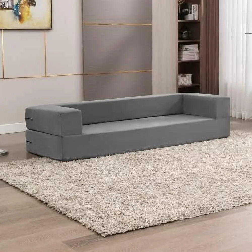 Velvet Convertible Floor Sofa Bed with 3 Ottomans Memory Foam Pull Out Couch Q81441
