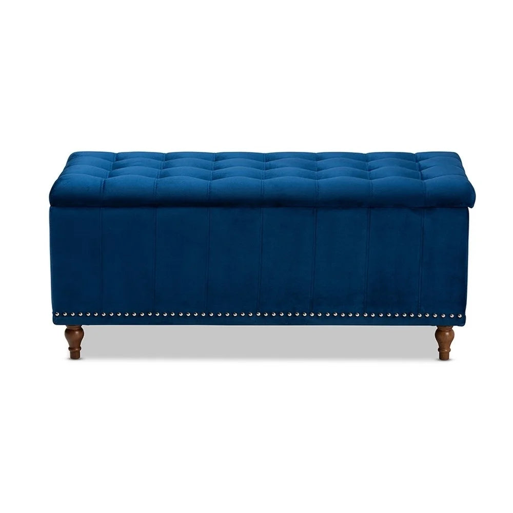 Navy Blue Velvet Button-Tufted Storage Ottoman Bench P3625