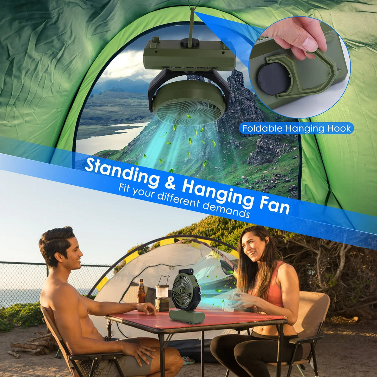 Portable Rechargeable Camping Fan with Flashlight Power Bank V9838