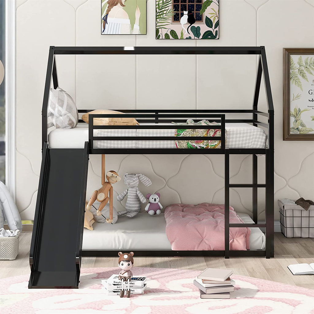 Black Metal Frame Floor Bunk Bed with Slide and Built-In Ladder J27250