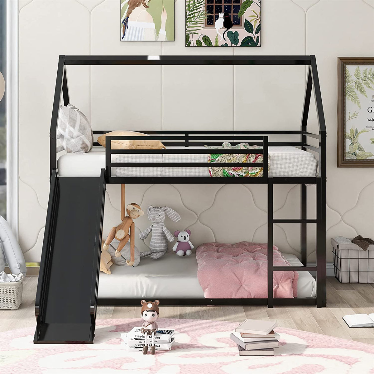 Black Metal Frame Floor Bunk Bed with Slide and Built-In Ladder J27250