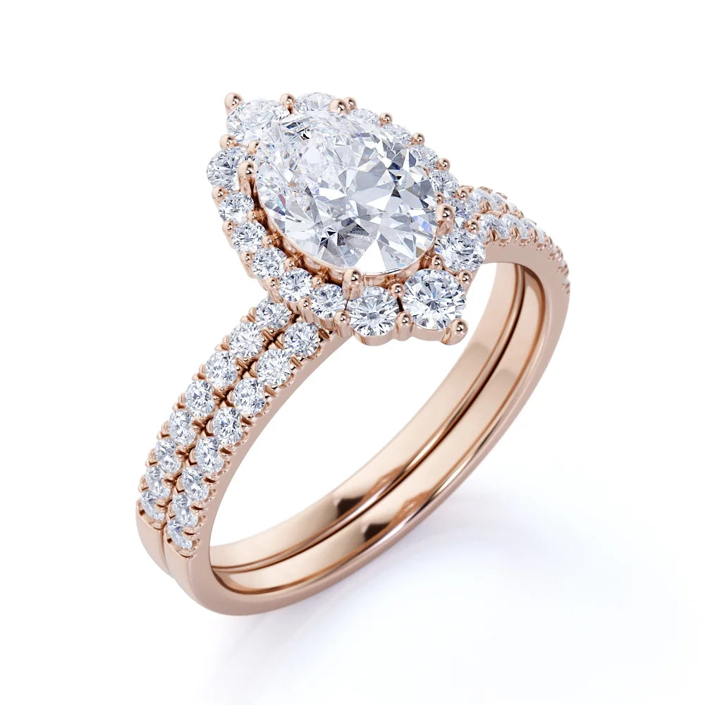 Vintage Oval Cut Real Diamond Pave Wedding Ring Set in 10k Rose Gold N36741