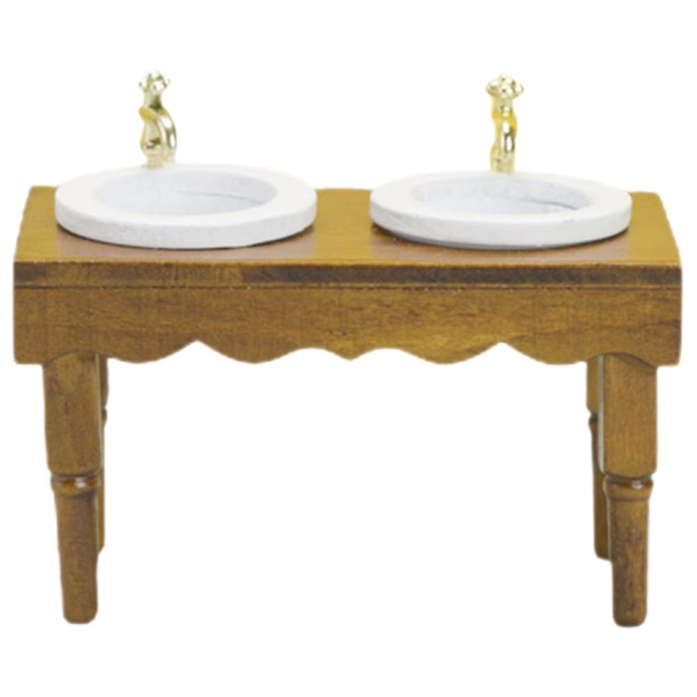 Walnut Color Double Basin Wash Sink Dollhouse Miniature Furniture N3815