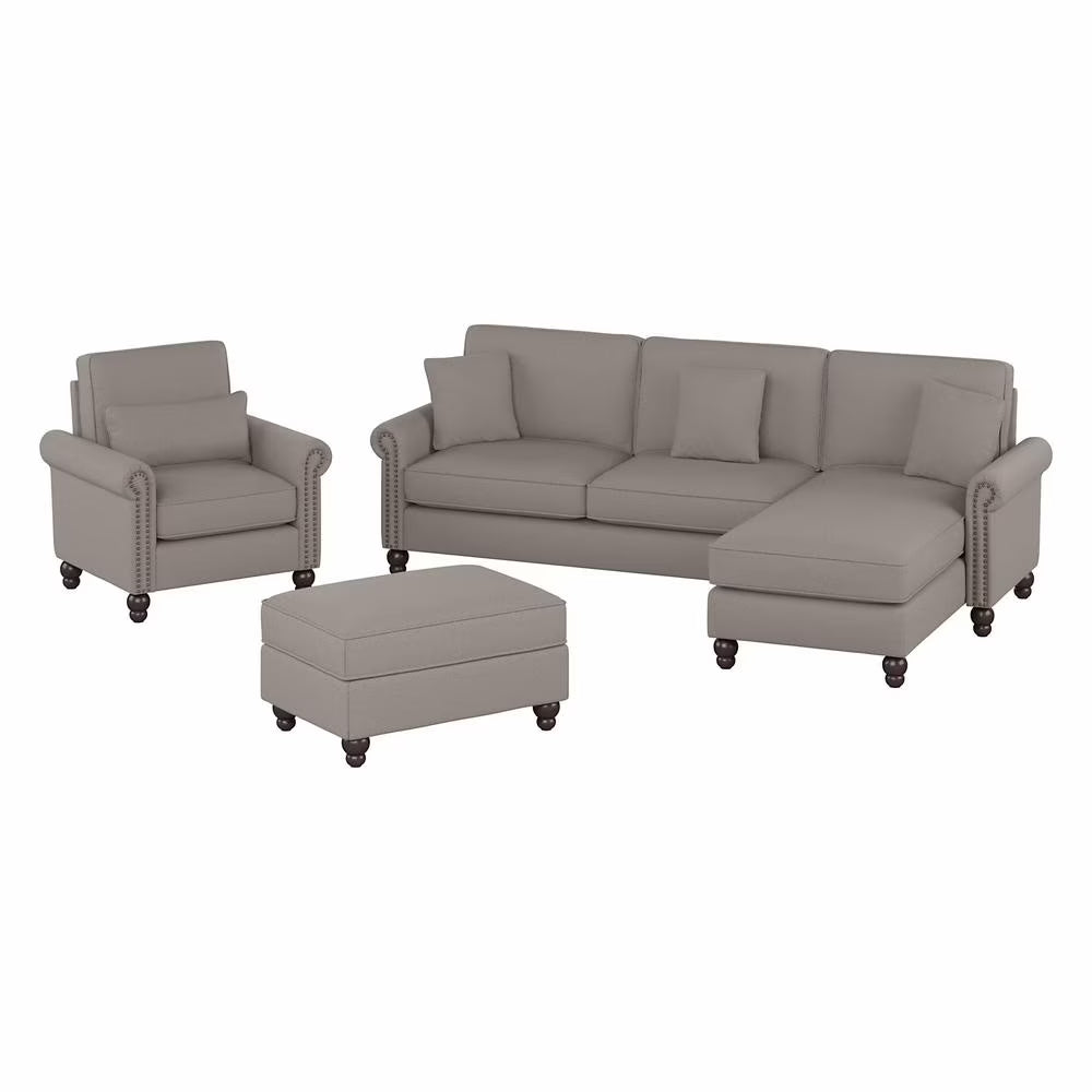 Beige Herringbone Fabric Sectional Couch with Ottoman T685