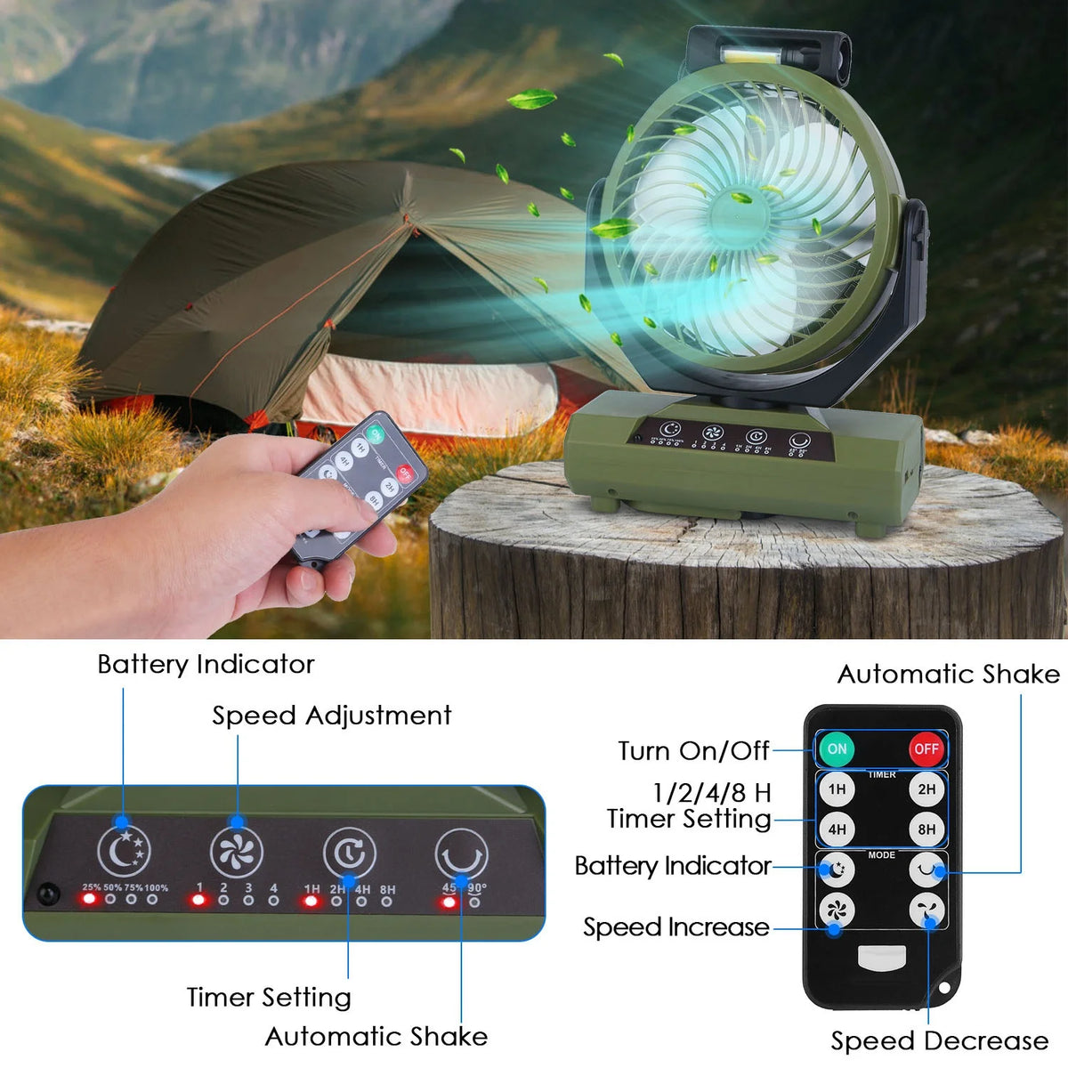 Portable Rechargeable Camping Fan with Flashlight Power Bank V9838