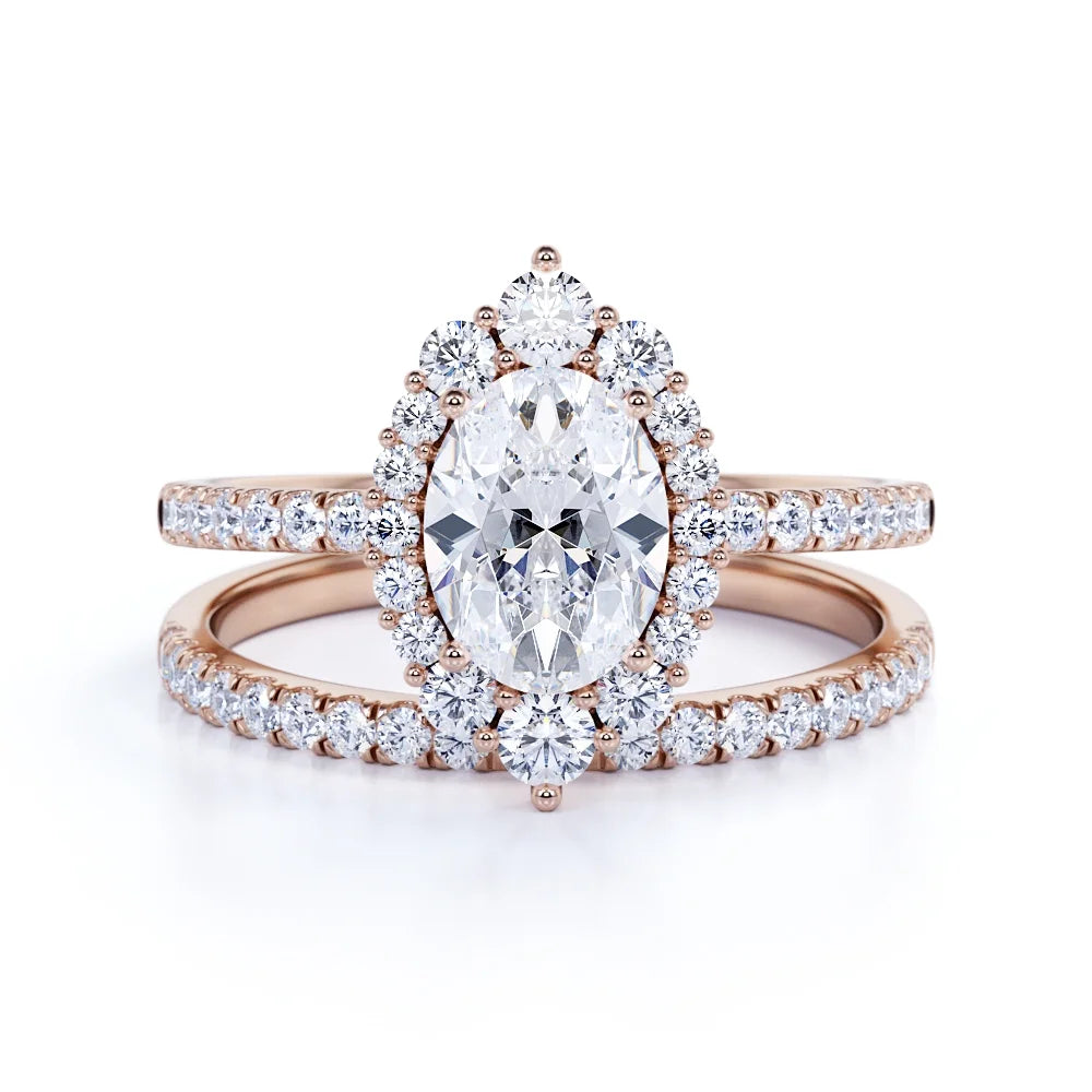 Vintage Oval Cut Real Diamond Pave Wedding Ring Set in 10k Rose Gold N36741
