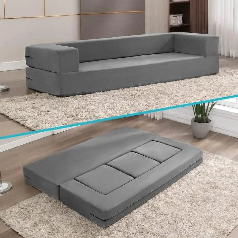 Velvet Convertible Floor Sofa Bed with 3 Ottomans Memory Foam Pull Out Couch Q81441